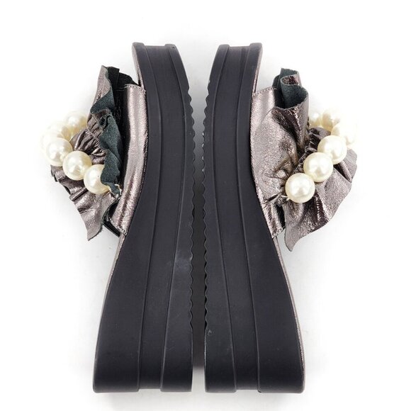 NORKA Silver Leather Ruffle Platform Wedge Slide Sandals With Pearls - Picture 8 of 9